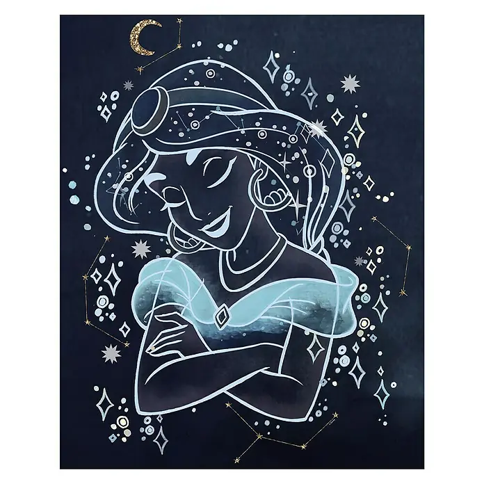 Komar Disney Edition 4 Poster Jasmin Dreaming - Disney, B x H: 30 x 40 cm - Verträumte Jasmine-Zeichnung vor dunklem Nachthimmel, mit Mond und Sternbildern verziert.