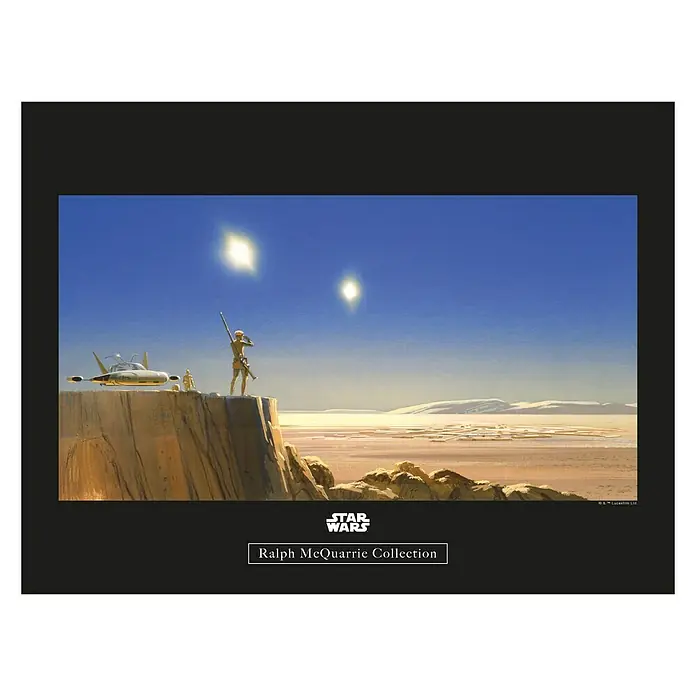 Komar Star Wars Poster RMQ Mos Eisley Edge - Star Wars, B x H: 50 x 40 cm - Star Wars Ralph McQuarrie Collection: Ein atmosphärisches Gemälde mit Doppel Sonnen, das die Wüstenlandschaft von Tatooine einfängt.