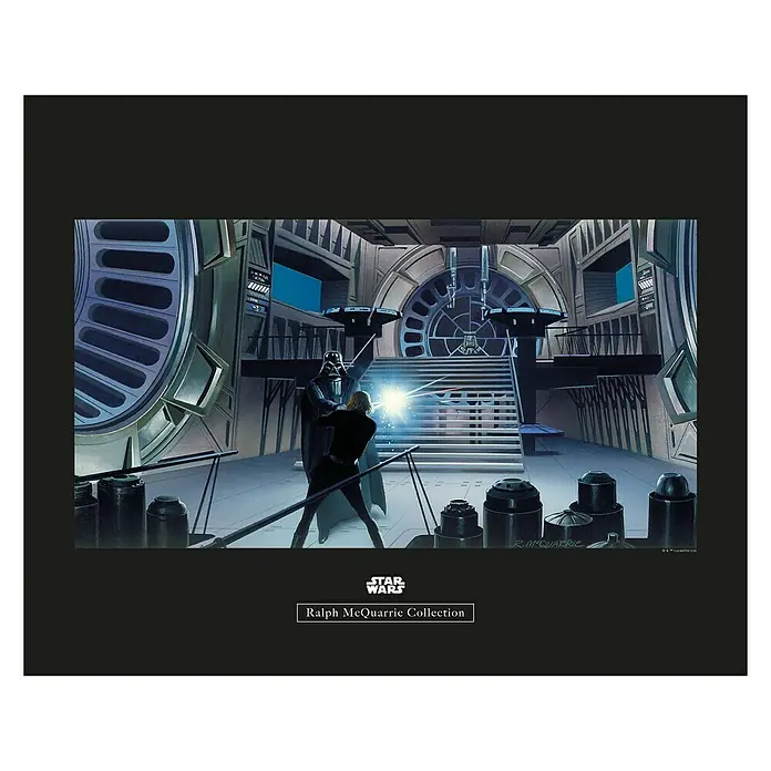 Komar Star Wars Poster RMQ Vader Luke Throneroom - Star Wars, B x H: 40 x 30 cm - Star Wars Ralph McQuarrie Collection: Ikonische Illustration von Darth Vader und Luke Skywalker in einem spannenden Lichtschwertduell.