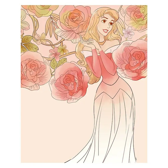 Komar Disney Edition 4 Poster Sleeping Beauty Roses - Disney, B x H: 40 x 50 cm - Illustration von Dornröschen, umgeben von Rosen, die die sanfte und verträumte Atmosphäre des Märchens einfangen.
