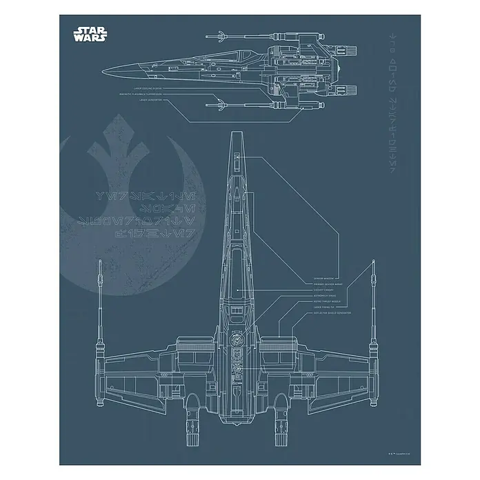 Komar Star Wars Poster Blueprint X-Wing - Star Wars, B x H: 30 x 40 cm - Eine detaillierte technische Zeichnung eines X-Wing-Raumschiffs aus Star Wars auf blauem Hintergrund, inklusive Beschriftungen.