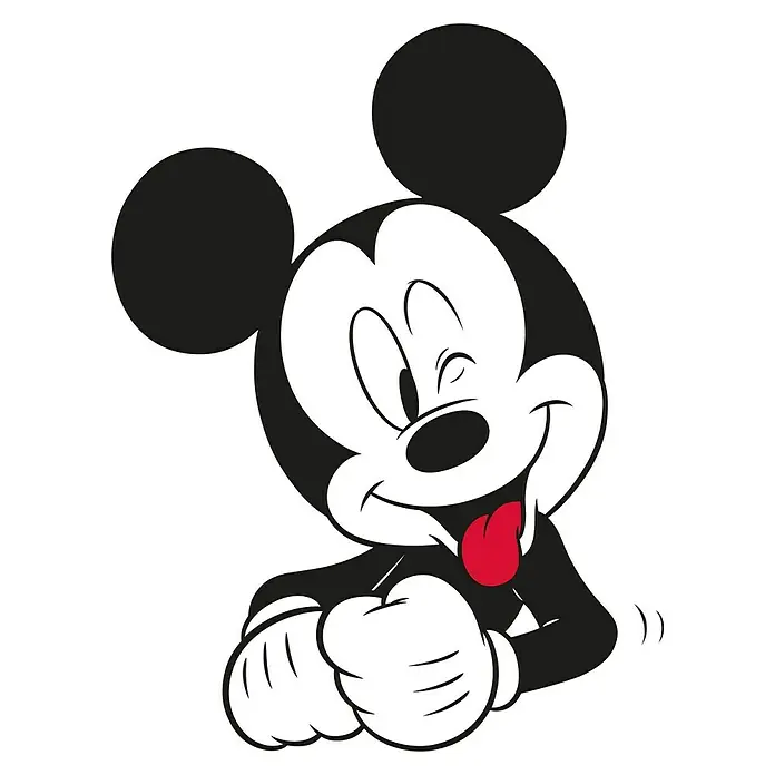 Komar Disney Edition 4 Poster Mickey Mouse Funny - Disney, B x H: 50 x 70 cm - Schwarz-Weiß-Bild von Mickey Mouse mit roter Zunge. Er zwinkert und hat ein breites Lächeln im Gesicht.