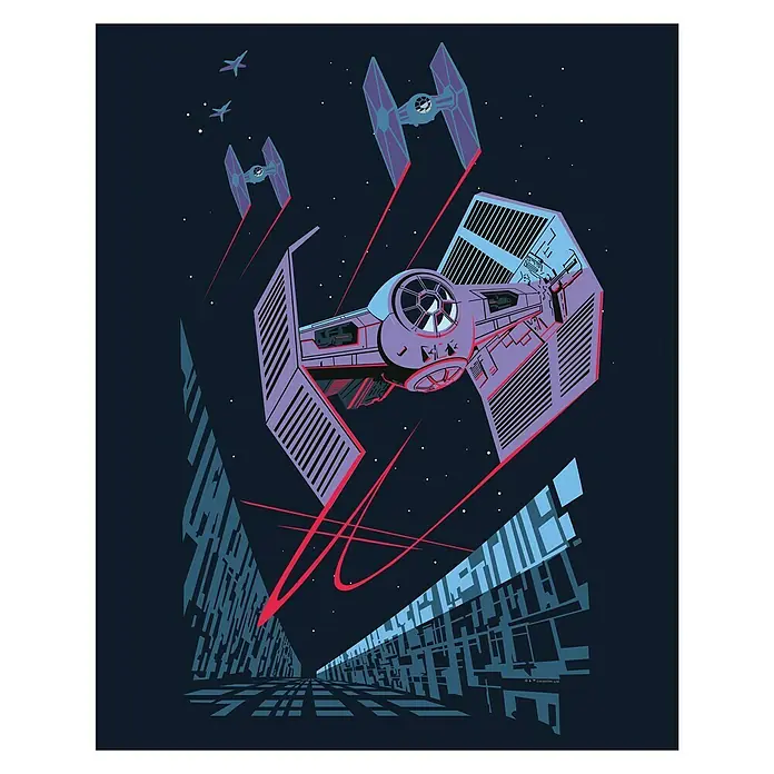 Komar Star Wars Poster Vector TIE-Fighter - Star Wars, B x H: 30 x 40 cm - Illustration eines TIE-Fighters von Star Wars, der durch den Weltraum fliegt, mit blauen Gebäuden im Hintergrund.