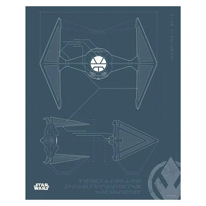 Komar Star Wars Poster Blueprint Sith TIE-Fighter - Star Wars, B x H: 50 x 70 cm - Blaupause eines TIE-Jägers aus Star Wars, mit Front-, Ober- und Seitenansicht und technischen Details für Sci-Fi-Enthusiasten.