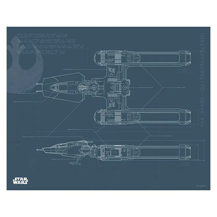 Komar Star Wars Poster EP9 Blueprint Y-Wing - Star Wars, B x H: 70 x 50 cm - Blaupause des Y-Wing-Sternenjägers aus Star Wars mit technischen Details und Beschriftungen in Weiß.