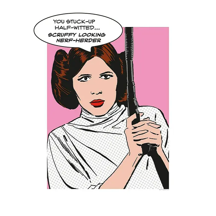 Komar Star Wars Poster Comic Quote Leia - Star Wars, B x H: 40 x 50 cm - Star Wars Prinzessin Leia mit Blaster und dem Zitat "Du eingebildeter, halbgebildeter... schäbiger Nerf-Treiber".