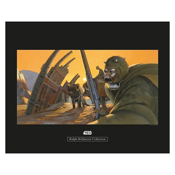 Komar Star Wars Poster RMQ Tusken - Star Wars, B x H: 40 x 30 cm - Star Wars Ralph McQuarrie Collection Bild mit Tusken-Räuber und Banthas in einer Wüstenlandschaft.