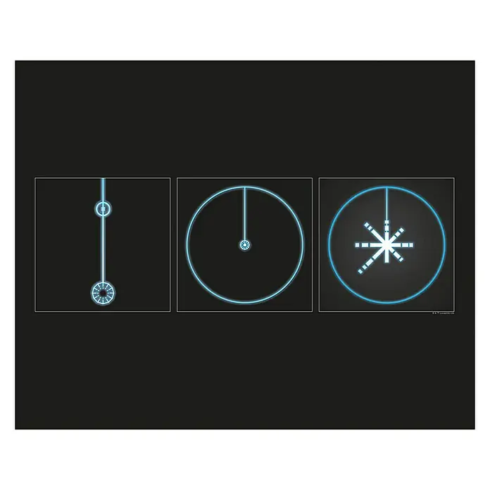 Komar Star Wars Poster How to Destroy a Deathstar - Star Wars, B x H: 70 x 50 cm - Drei blaue Star Wars-Zielsymbole vor schwarzem Hintergrund, jedes mit einem einzigartigen geometrischen Design.