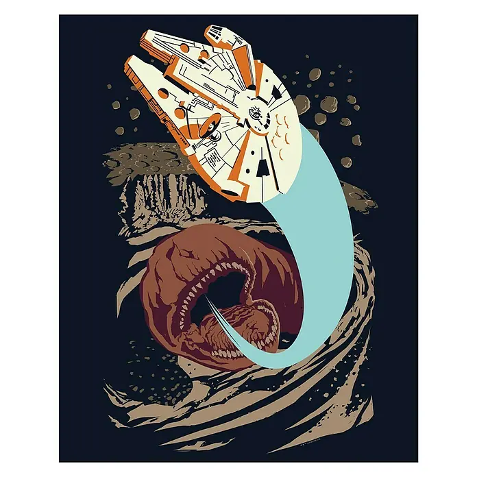 Komar Star Wars Poster Vector Asteroids Worm - Star Wars, B x H: 30 x 40 cm - Abbildung des Millennium Falken, der vor einem riesigen Wurm flieht, in einem Star Wars Kunstwerk. Ideal für Fans der Weltraumsaga.