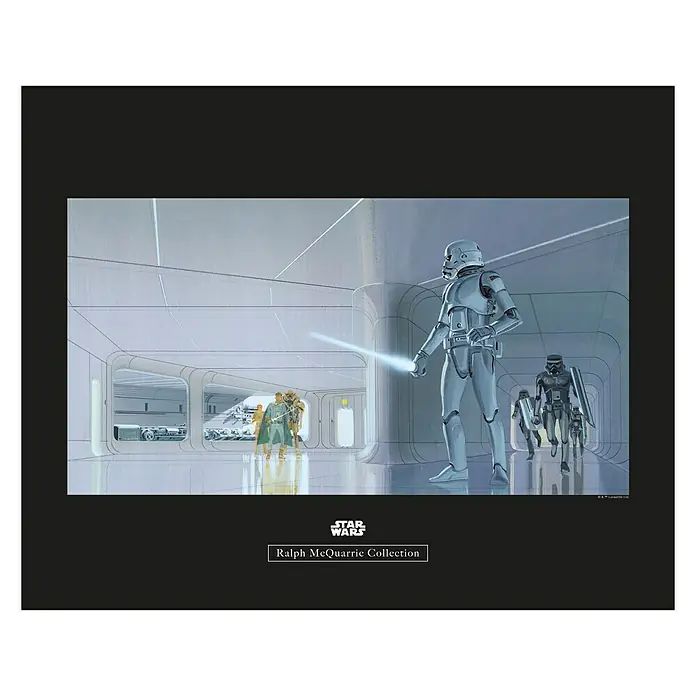 Komar Star Wars Poster RMQ Stormtrooper Hallway - Star Wars, B x H: 40 x 30 cm - Ralph McQuarrie Collection Star Wars: Konzeptkunst mit Sturmtruppler und Lichtschwert in einem futuristischen Gang, Sammlerstück.