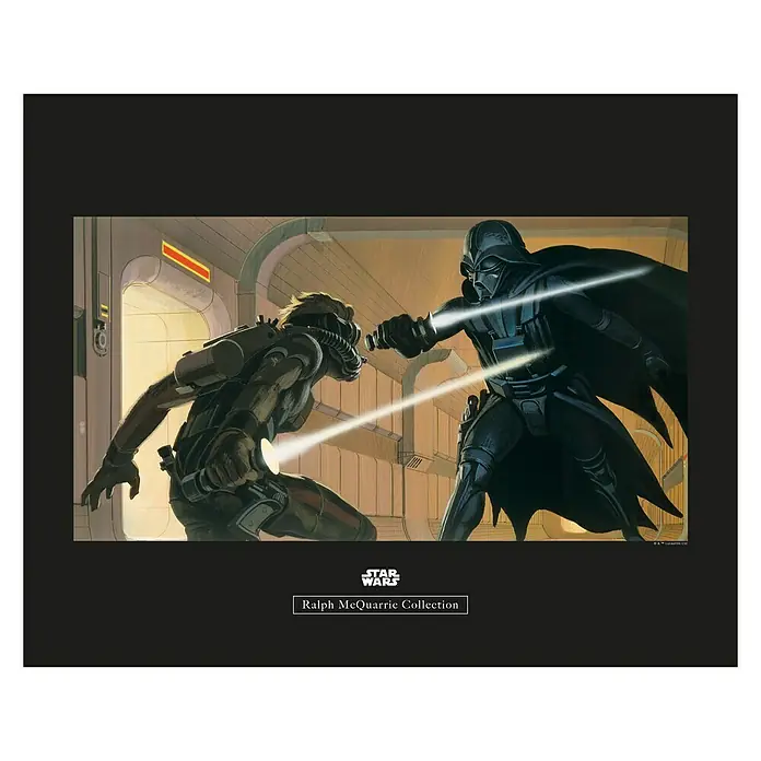 Komar Star Wars Poster RMQ Vader Luke Hallway - Star Wars, B x H: 50 x 40 cm - Star Wars Ralph McQuarrie Collection Bild mit Darth Vader im Lichtschwertkampf. Eindrucksvolle Darstellung.