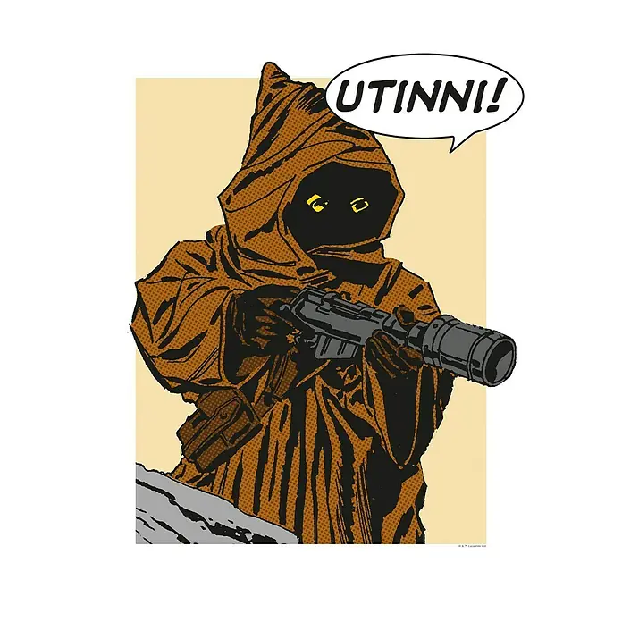 Komar Star Wars Poster Comic Quote Jawa - Star Wars, B x H: 30 x 40 cm - Illustration eines Jawa aus Star Wars mit einem Blaster, der "Utinni!" ruft, im Comic-Stil.