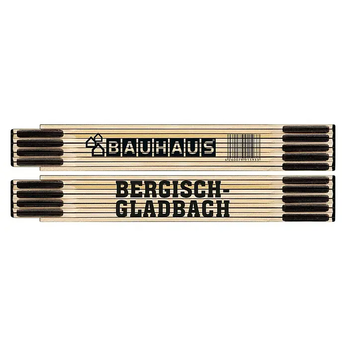 BAUHAUS Zollstock - BERGISCH-GLADBACH - Bild eines Zollstocks mit den Aufschriften "BAUHAUS" und "BERGISH-GLADBACH", ein nützliches Werkzeug für präzise Messungen im Bau- und Heimwerkerbereich.