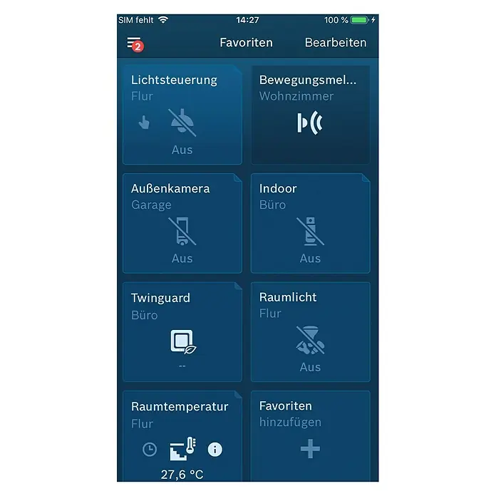 Bosch Smart Home Bewegungsmelder - Smarte Steuerung: Bosch Smart Home App, Reichweite Funk: 50 m - App-Oberfläche mit Hausautomationsoptionen: Lichtsteuerung, Bewegungsmelder, Aussenkamera, Raumtemperatur und Favoriten hinzufügen.