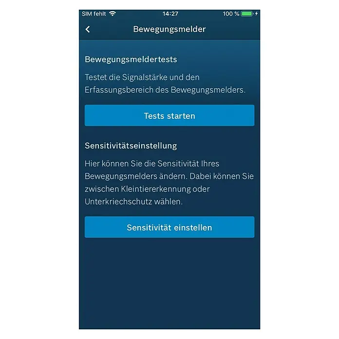 Bosch Smart Home Bewegungsmelder - Smarte Steuerung: Bosch Smart Home App, Reichweite Funk: 50 m - Screenshot eines Smartphones mit der App „Bewegungsmelder“, die Optionen zum Testen und zur Sensitivitätseinstellung des Bewegungsmelders bietet.