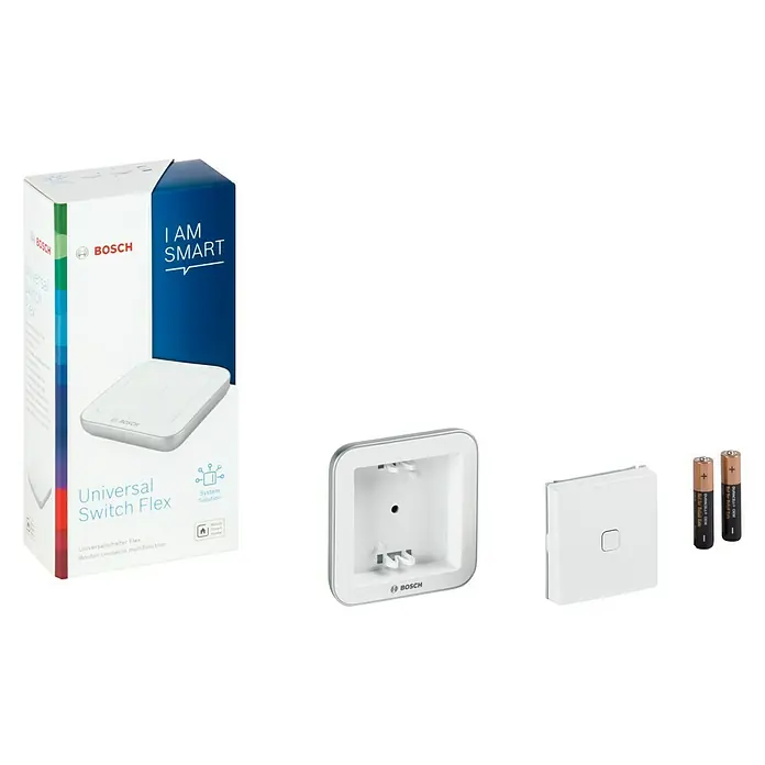 Bosch Smart Home Universalschalter Flex - Reichweite Funk: 200 m - Abgebildet ist das Bosch Universal Switch Flex System, bestehend aus Schalter, Basisstation und Batterien, ideal für die Hausautomation.