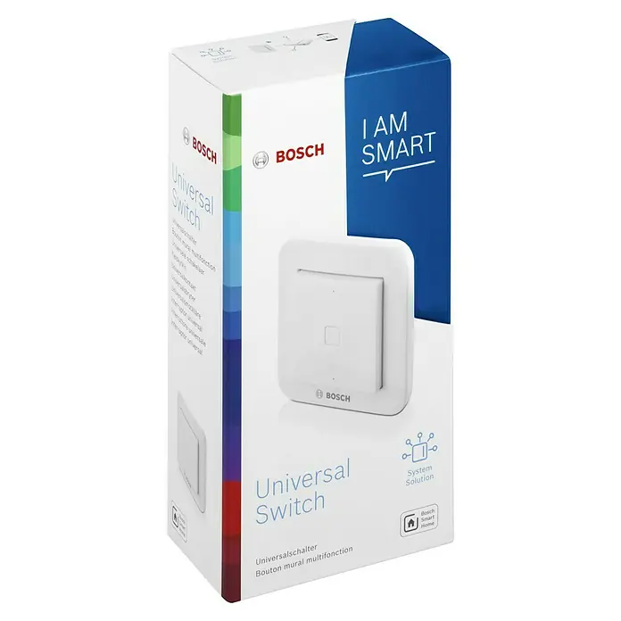 Bosch Smart Home Universalschalter - Reichweite Funk: 101 m, Aufputz - Produktverpackung des Bosch Universal Switch, einem intelligenten Schalter für das Smart Home System.