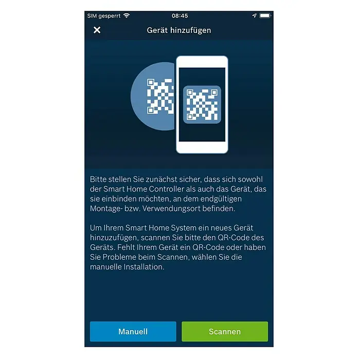 Bosch Smart Home Universalschalter - Reichweite Funk: 101 m, Aufputz - Ein Bildschirm mit der Option, ein Gerät über einen QR-Code oder manuell hinzuzufügen.