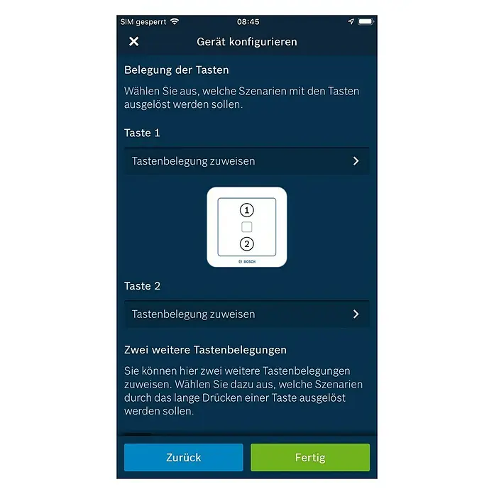 Bosch Smart Home Universalschalter - Reichweite Funk: 101 m, Aufputz - Konfigurationsbildschirm eines Bosch Smart Home Geräts zur Tastenbelegung, um Szenarien mit den Tasten auszulösen.