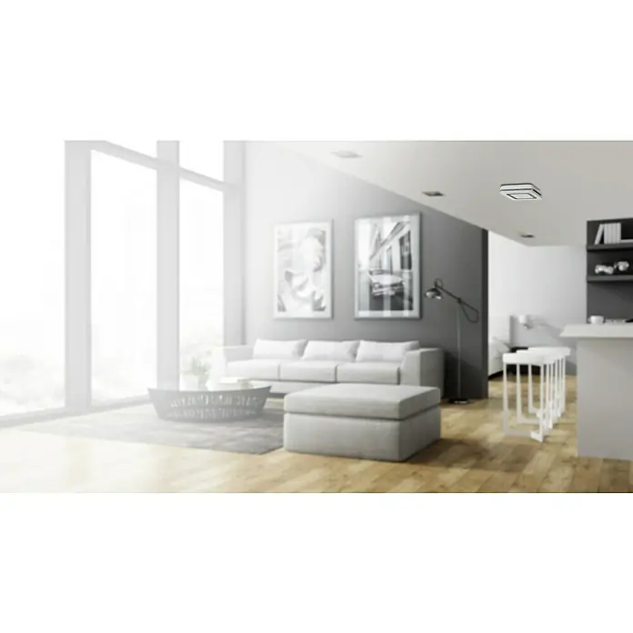 Bosch Smart Home Rauchwarnmelder Twinguard - Batterielaufzeit: 2 Jahre, 41 x 138 x 138 mm - Ein minimalistischer Raum mit einem schlanken, quadratischen Luftreiniger an der Decke, der für saubere Luft und modernes Design sorgt.