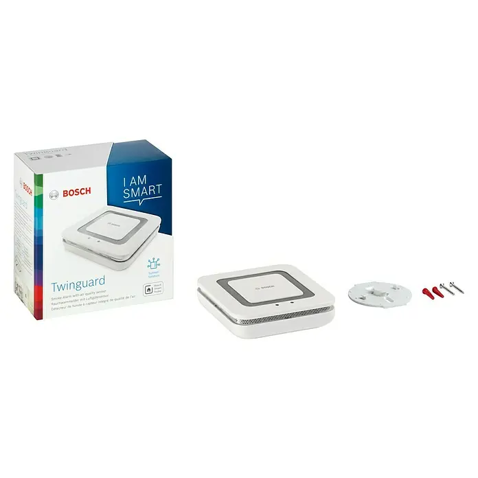 Bosch Smart Home Rauchwarnmelder Twinguard - Batterielaufzeit: 2 Jahre, 41 x 138 x 138 mm - Bosch Twinguard Rauchmelder mit Luftqualitätssensor und Zubehör, verpackt im Originalkarton.