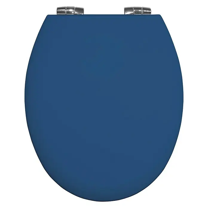 Poseidon WC-Sitz Rio - Holz, Blau, Mit Absenkautomatik - Blaue Toilettensitzoberseite mit Chromscharnieren, die auf einem schwarzen Hintergrund abgebildet ist.