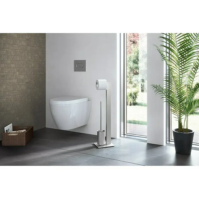 Zack Atore WC-Kombi-Bürstengarnitur - Anzahl Haken: 1 Stk., Höhe: 72,6 cm, Edelstahl, Matt - Elegantes Badezimmer mit einer freistehenden Toilettenpapierhalterung und Bürste, die Funktionalität und modernes Design vereint.