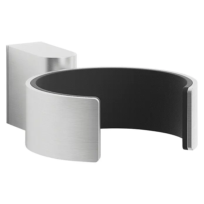 Zack Atore Fönhalter - Edelstahl, Matt - Nahaufnahme einer eleganten, silberfarbenen Halterung mit schwarzer Innenseite zur Wandmontage. Ideal für Badezimmer oder Friseursalons.