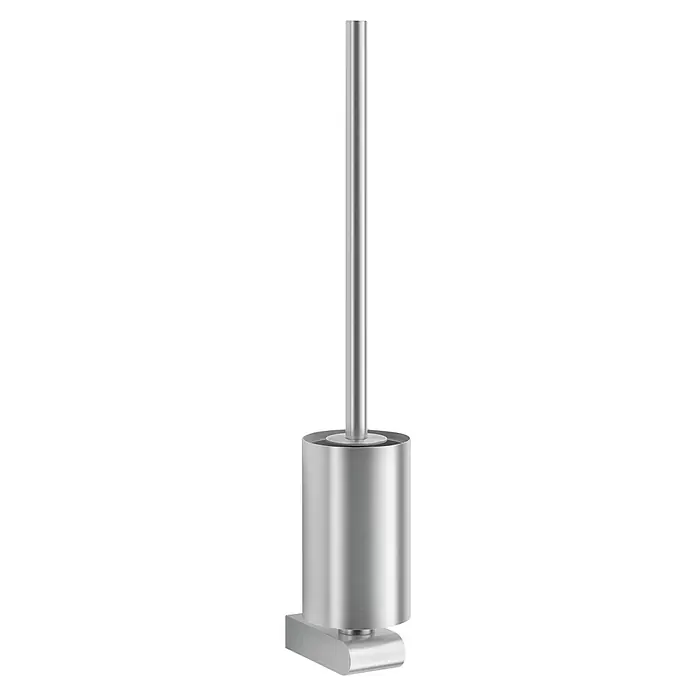 Zack Atore WC-Bürstengarnitur - Edelstahl, Matt - Ein silberner Toilettenbürstenhalter mit einer schlanken, zylindrischen Bürste, die für ein modernes Badezimmer-Design entworfen wurde.