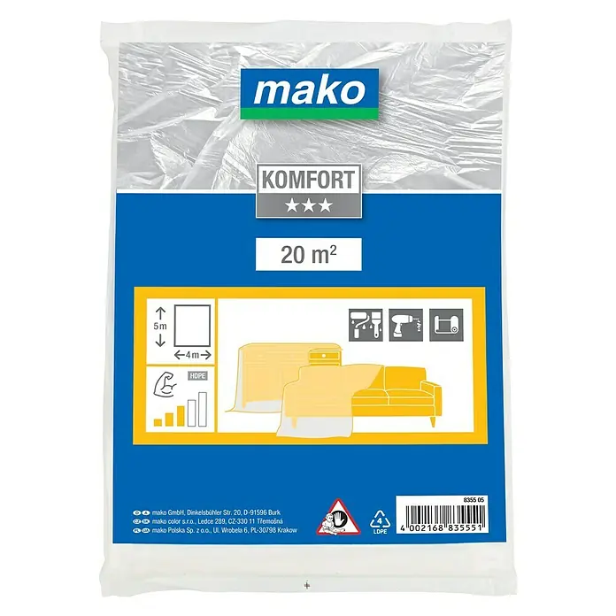 Mako Abdeckfolie Komfort - L x B: 5 x 4 m, 20 m² - Eine Abbildung der Mako Komfort Abdeckplane mit einer Größe von 20m², ideal zum Schutz von Möbeln bei Renovierungsarbeiten.