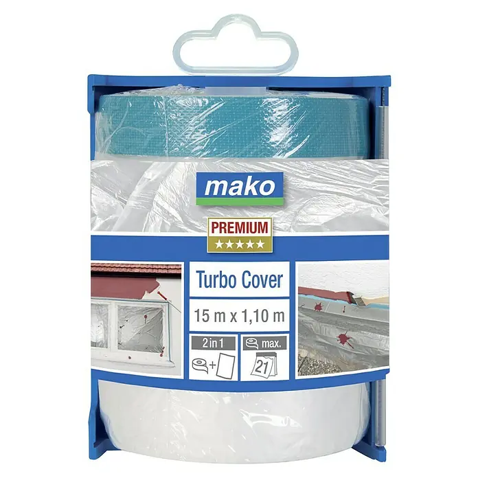 Mako Abdeckfolie Turbo Cover Premium - L x B: 15 x 1,1 m, 16,5 m² - Abbildung einer Mako Premium Turbo Abdeckplane, 15 m x 1,10 m, ein unverzichtbares Produkt für Malerarbeiten und Renovierungen im Innen- und Außenbereich.