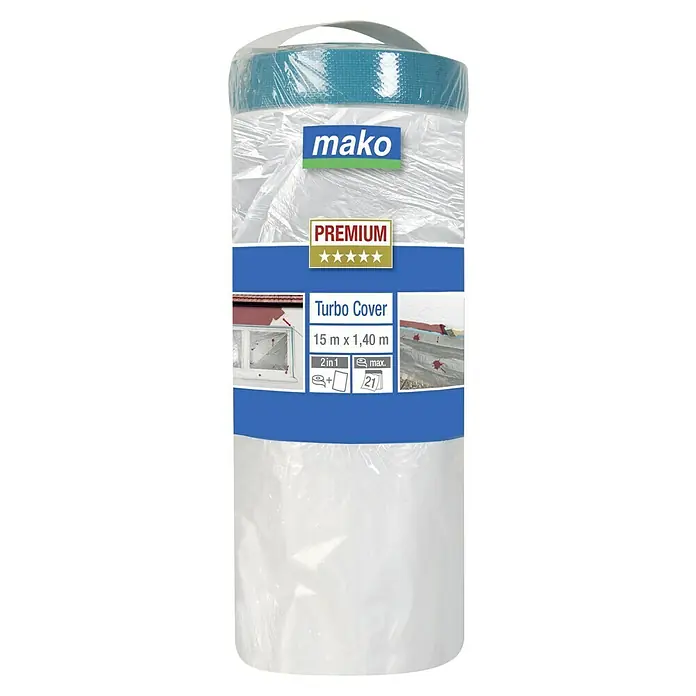 Mako Abdeckfolie Turbo Cover Premium - L x B: 15 x 1,4 m, 21 m² - Mako Turbo Cover Abdeckfolie, 15 m x 1,40 m, ideal zum Abdecken und Schützen bei Malerarbeiten. Premium Qualität mit einfacher Anwendung.