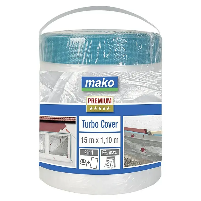 Mako Abdeckfolie Turbo Cover Premium - L x B: 1,1 x 15 m, 16,5 m² - Eine Rolle Mako Turbo Cover Premium Abdeckfolie, 15 m x 1,10 m, 2-in-1-System für Malerarbeiten und Renovierungen.