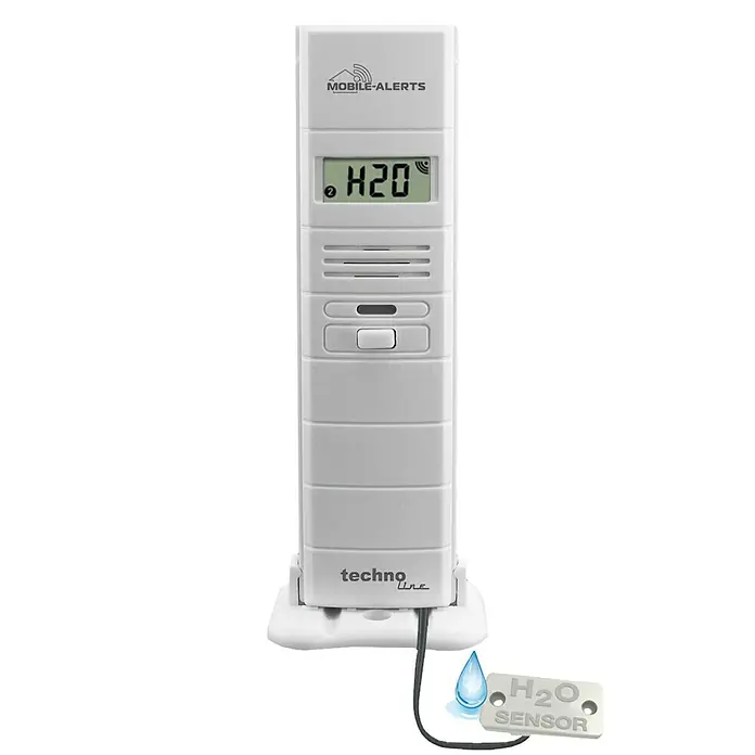 Mobile-Alerts Wassersensor MA10350 - Batteriebetrieben, Digitale Messanzeige, Weiß, 2,1 x 3,8 x 12,8 cm - Abbildung eines Mobile-Alerts H2O-Sensors zur Überwachung von Wasserlecks und Feuchtigkeit mit digitaler Anzeige und externem Sensor.