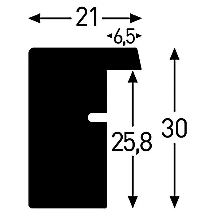 Nielsen Holzrahmen Apollo - 50 x 60 cm, Weiß - Profilzeichnung eines schwarzen Bilderrahmenprofils mit den Maßen 21 x 6,5 x 30 mm und einer Nut von 25,8 mm Tiefe.