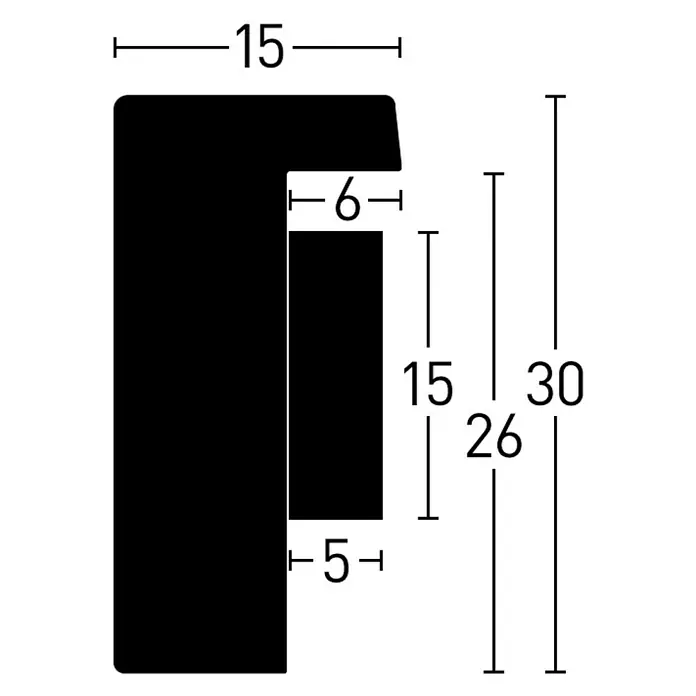 Accent Collagerahmen Aura - Anzahl Fotoplatzhalter: 3 Stk., Eiche, Holz - Querschnitt eines schwarzen Profils mit Maßangaben. Das Profil hat eine komplexe Form und verschiedene Dimensionen sind angegeben.