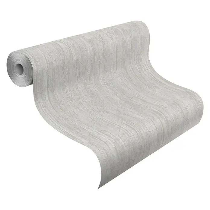 Rasch Vliestapete Vintage Lack - Hellgrau, Uni, 10,05 x 0,53 m - Nahaufnahme einer Rolle grauer Vliestapete mit dezenter Struktur, ideal für moderne Wohnräume und zur Wandgestaltung.