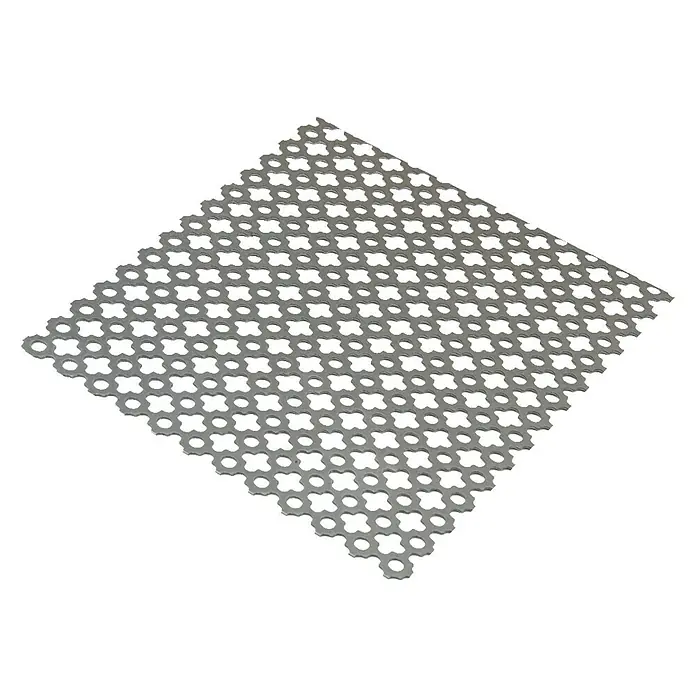 Kreuzlochblech - L x B: 1.000 x 500 mm, Stärke: 1 mm, Stahl, Unbehandelt - Graue, quadratische Badematte mit einem Muster aus gestanzten Kreisen und Blüten, die Rutschfestigkeit und Komfort bietet.