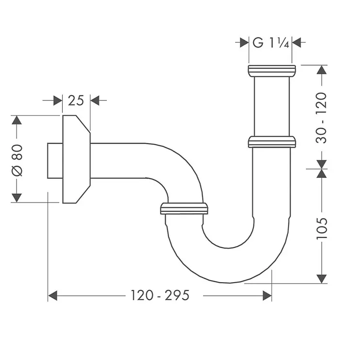 Hansgrohe Waschtisch-Siphon - 1 ¼″, Verchromt - Technische Zeichnung eines Siphons mit Maßangaben. Der Siphon ist in einer U-Form dargestellt und zeigt alle wichtigen Maße.