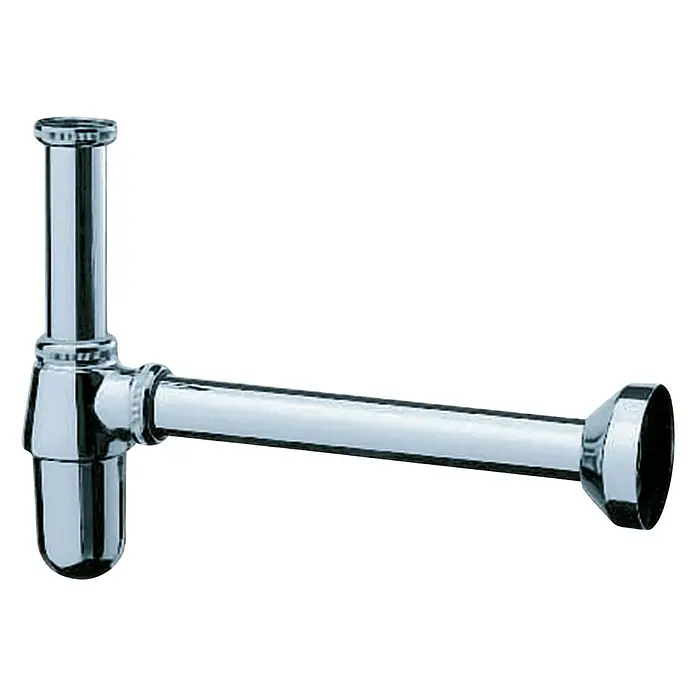 Hansgrohe Flaschen-Siphon - 1 ¼″, Verchromt - Ein glänzender, verchromter Siphon, ein typisches Rohrstück für Waschbecken, steht im Fokus des Bildes. Detailreiche Darstellung der Sanitärtechnik.