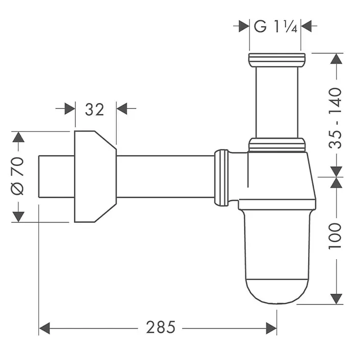Hansgrohe Flaschen-Siphon - 1 ¼″, Verchromt - Technische Zeichnung eines Siphons mit Maßangaben.