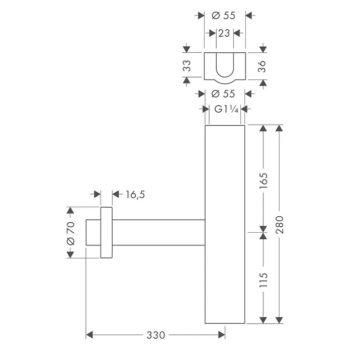 Hansgrohe Waschtisch-Siphon Flowstar - 1 ¼″, Chrom - Technische Zeichnung eines Wasserhahns mit Maßen und Details für Installateure und Handwerker.