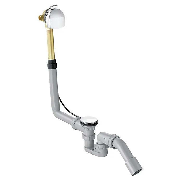 Hansgrohe Ab- & Überlaufgarnitur Exafill - Geeignet für: Handelsübliche Badewannen, Verchromt - Aufsicht auf eine Wannenablaufgarnitur, die aus verchromten und messingfarbenen Teilen sowie grauen Kunststoffrohren besteht.