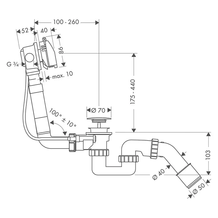 Hansgrohe Ab- & Überlaufgarnitur Exafill - Geeignet für: Handelsübliche Badewannen, Verchromt - Skizze eines Siphon-Systems mit Maßangaben. Das System besteht aus Rohren und Verbindungsstücken.