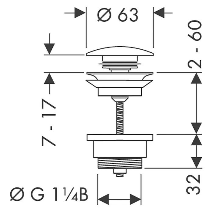 Hansgrohe Ablaufgarnitur - 1 ¼″, Chrom, Mit Druckknopf - Technische Zeichnung eines Ablaufventils mit den Maßen Ø 63, 7-17, 2-60, 32 und Ø G 1¼B zur Illustration der Produktspezifikationen.