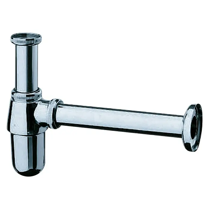Hansgrohe Waschtisch-Siphon - 1 ¼″, Durchmesser: 32 mm, Verchromt - Diese Aufnahme zeigt einen glänzenden Chrom-Siphon, der ein wesentlicher Bestandteil der Sanitärinstallation ist. Der Siphon ist vor einem schwarzen Hintergrund.