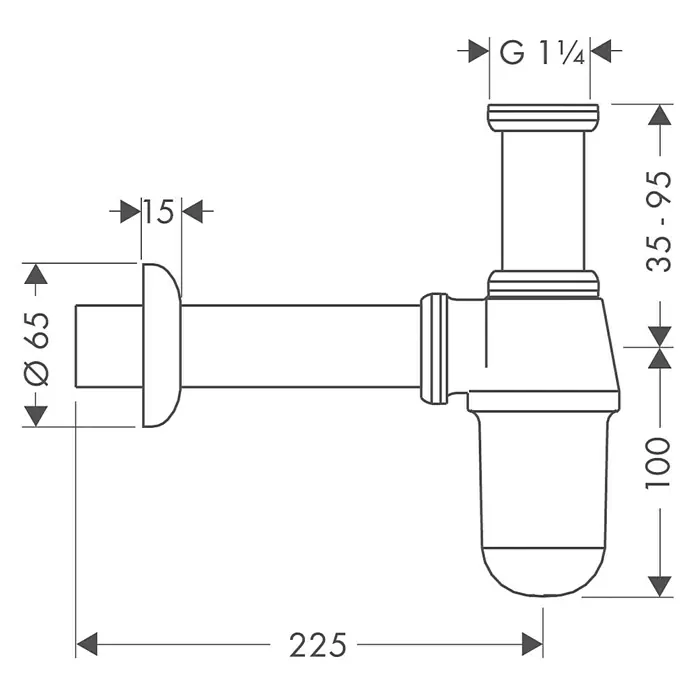 Hansgrohe Waschtisch-Siphon - 1 ¼″, Durchmesser: 32 mm, Verchromt - Abbildung eines Siphons mit detaillierten Maßangaben. Der Siphon wird aus verschiedenen Perspektiven gezeigt, um seine Bauweise zu verdeutlichen.