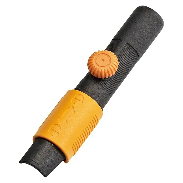 Fiskars QuikFit Laubbesen - Arbeitsbreite: 43 cm, Anzahl Zinken: 20 - Ein Werkzeug mit einem gelben Ring und einem Drehknopf auf einem schwarzen Griff.