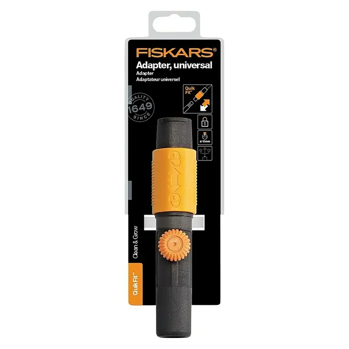 Fiskars QuikFit Laubbesen - Arbeitsbreite: 43 cm, Anzahl Zinken: 20 - Abbildung eines Fiskars Universaladapters. Er ermöglicht die Nutzung von QuikFit-Aufsätzen mit verschiedenen Gartengeräten für vielseitige Anwendungen.