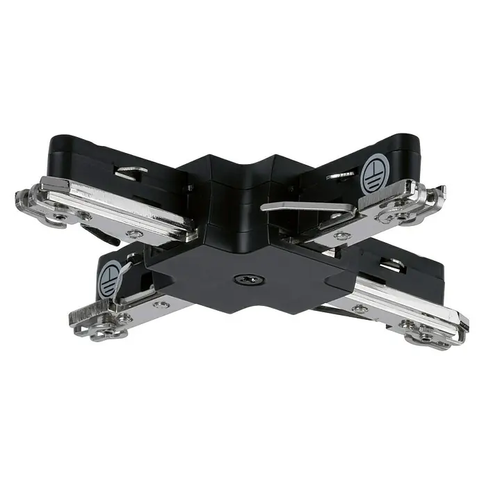 Paulmann URail X-Verbinder - 104 x 104 mm, Kunststoff, Schwarz - Detailaufnahme eines schwarzen Stromschienenverbinders, der vier Schienen in einem 90-Grad-Winkel verbindet. Robuste Konstruktion für zuverlässige Installation.